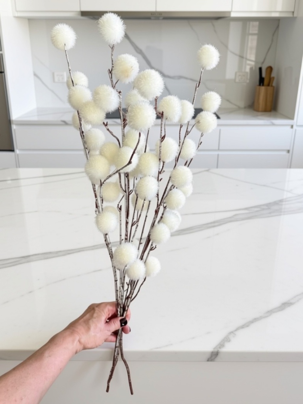 Set/3 White Pom Pom Berry Branches